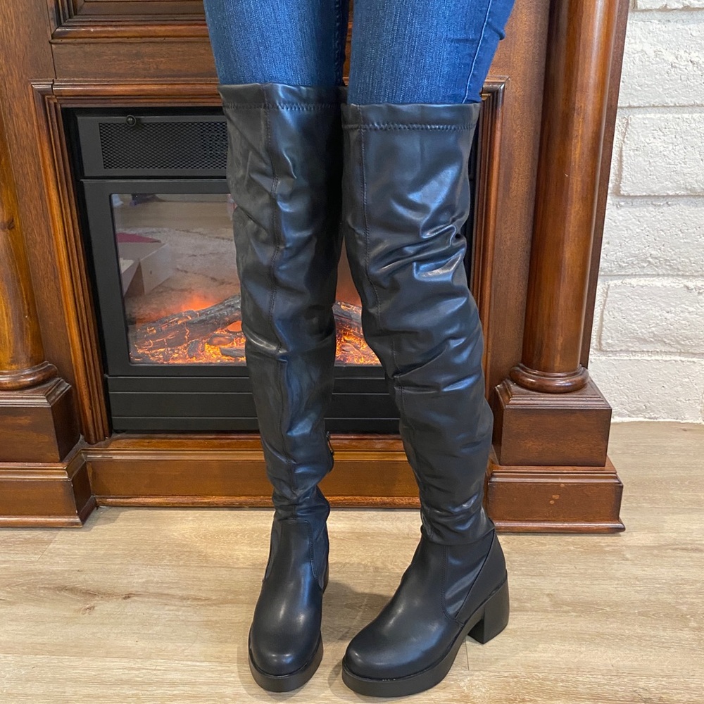 Thigh High Vegan Leather Chunky High Heel Boots OTK - Picture 12 of 13